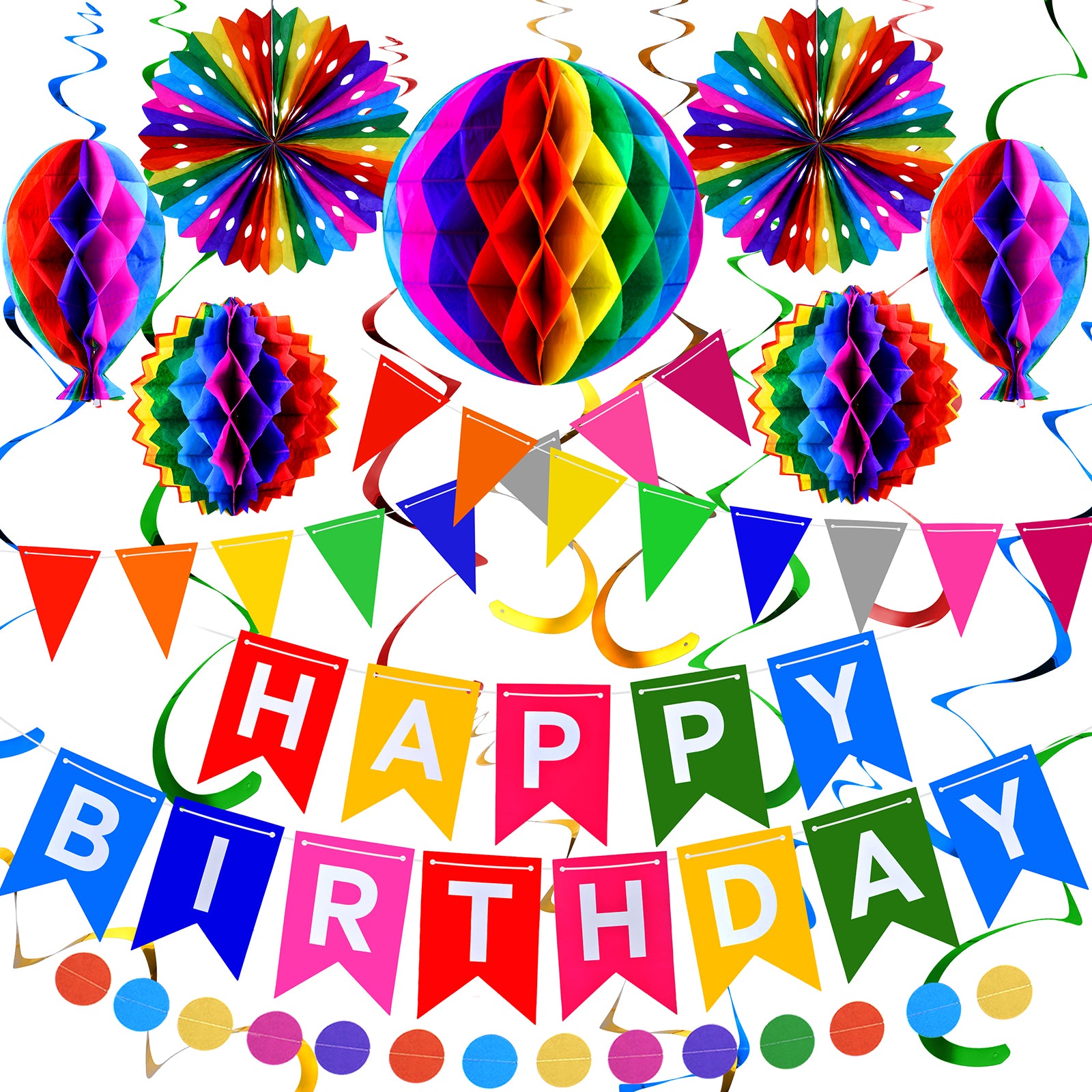 CEMIRK Rainbow Reusable Birthday Decoration Set - Happy Birthday Banner, Bunting, Paper Fans and Honeycomb Decorations, Streamers Set, Colourful Paper Rainbow Party Decorations for Girls and Womens