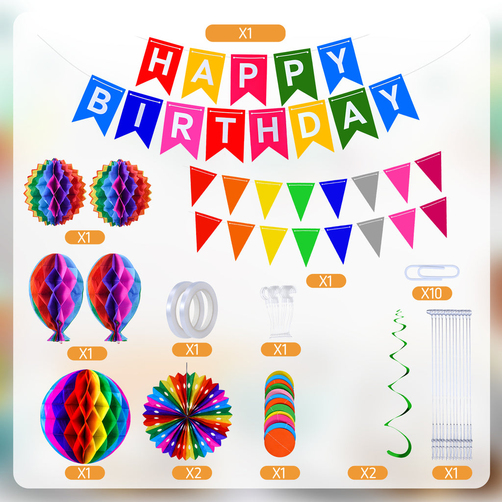 CEMIRK Rainbow Reusable Birthday Decoration Set - Happy Birthday Banner, Bunting, Paper Fans and Honeycomb Decorations, Streamers Set, Colourful Paper Rainbow Party Decorations for Girls and Womens