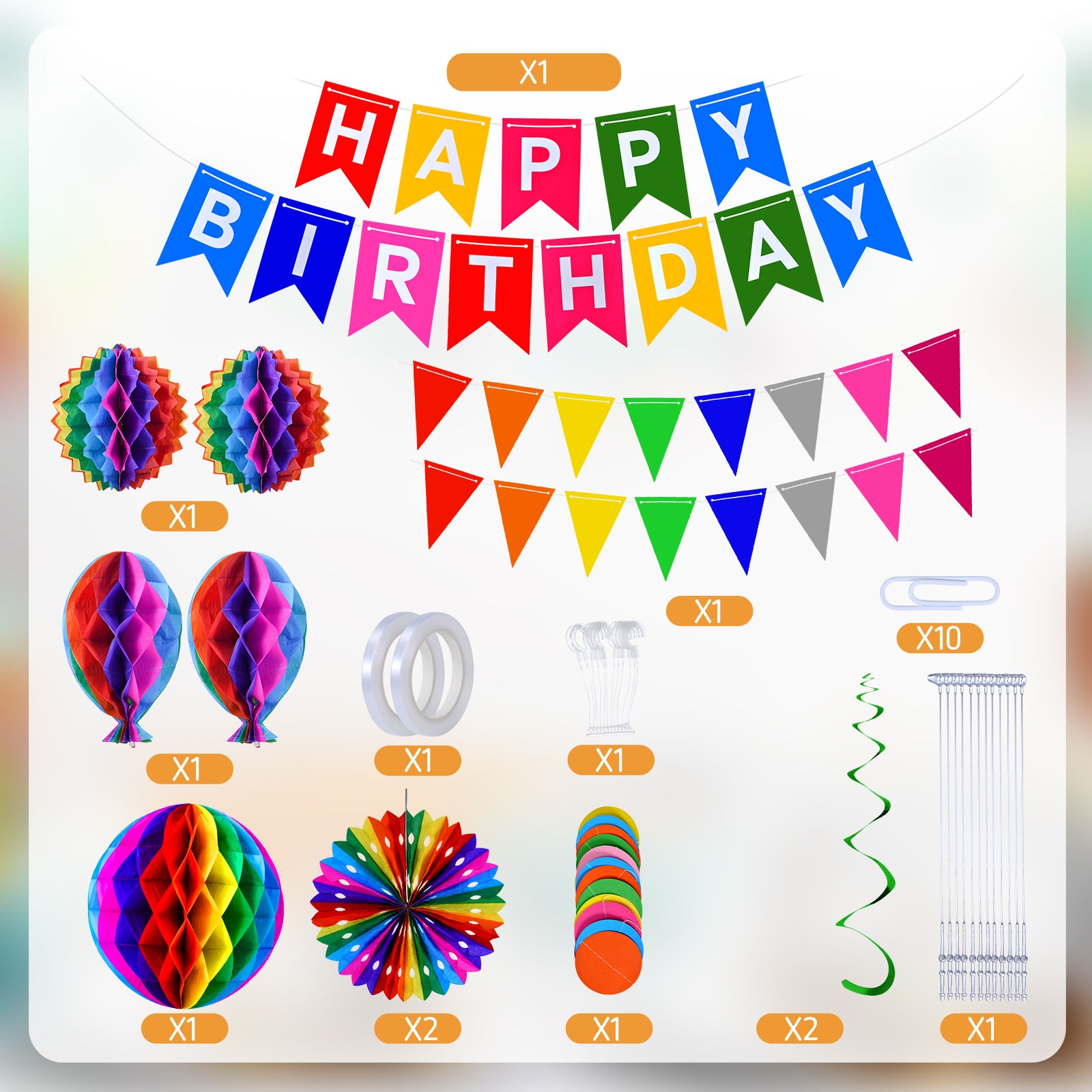 CEMIRK Rainbow Reusable Birthday Decoration Set - Happy Birthday Banner, Bunting, Paper Fans and Honeycomb Decorations, Streamers Set, Colourful Paper Rainbow Party Decorations for Girls and Womens