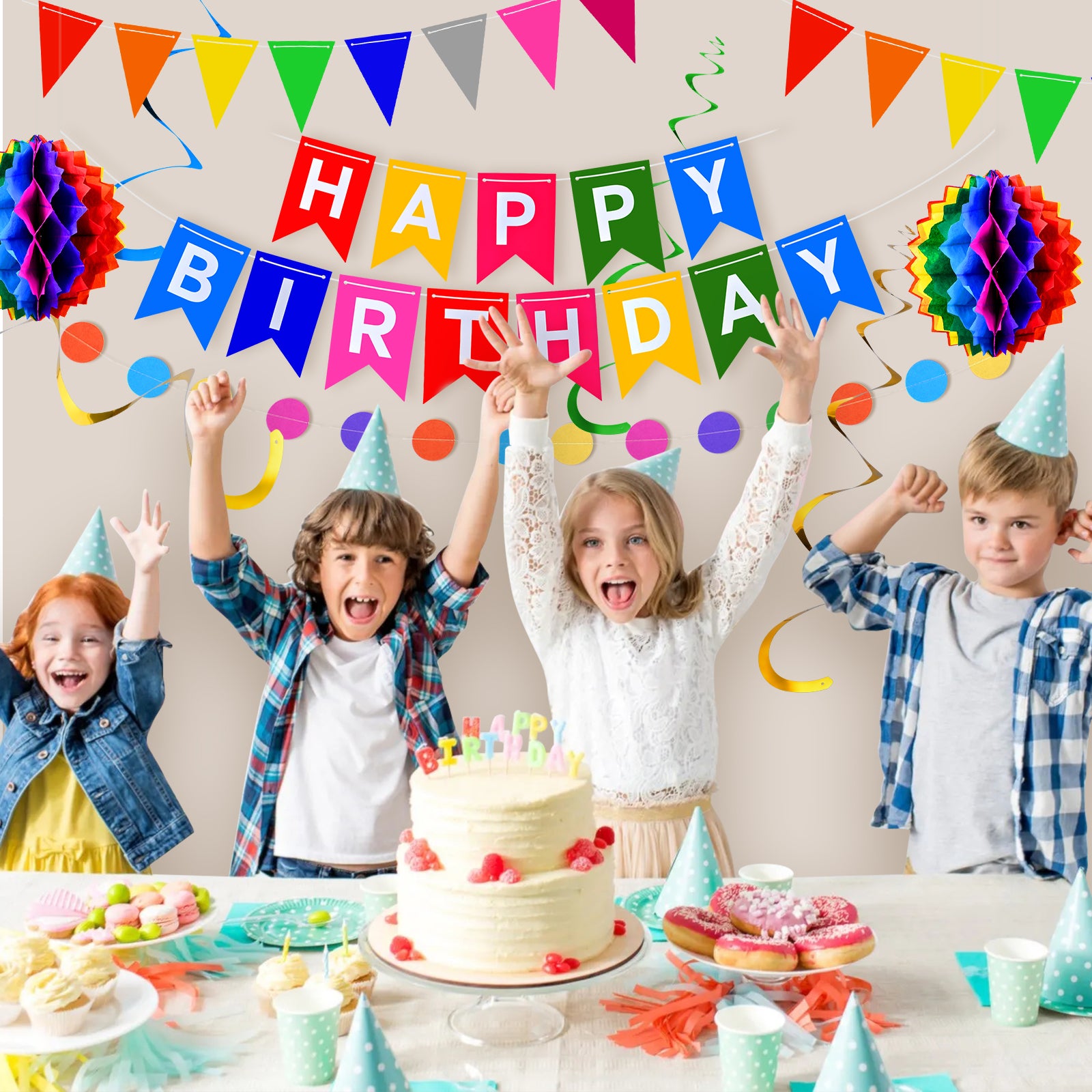 CEMIRK Rainbow Reusable Birthday Decoration Set - Happy Birthday Banner, Bunting, Paper Fans and Honeycomb Decorations, Streamers Set, Colourful Paper Rainbow Party Decorations for Girls and Womens
