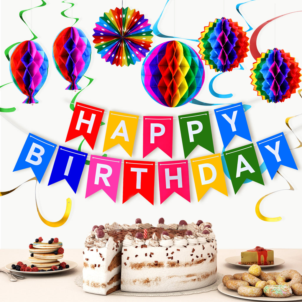 CEMIRK Rainbow Reusable Birthday Decoration Set - Happy Birthday Banner, Bunting, Paper Fans and Honeycomb Decorations, Streamers Set, Colourful Paper Rainbow Party Decorations for Girls and Womens