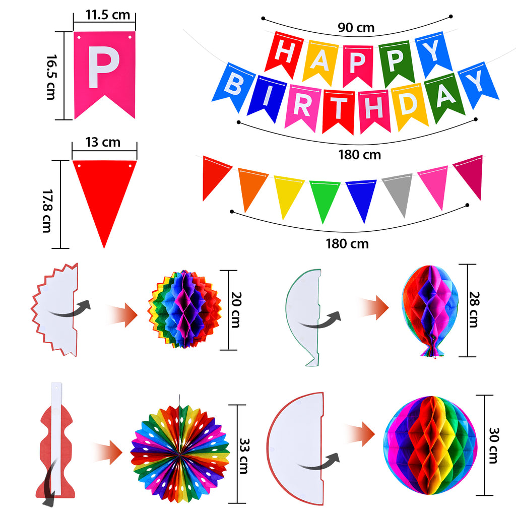 CEMIRK Rainbow Reusable Birthday Decoration Set - Happy Birthday Banner, Bunting, Paper Fans and Honeycomb Decorations, Streamers Set, Colourful Paper Rainbow Party Decorations for Girls and Womens