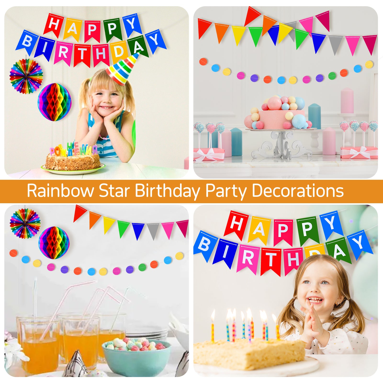 CEMIRK Rainbow Reusable Birthday Decoration Set - Happy Birthday Banner, Bunting, Paper Fans and Honeycomb Decorations, Streamers Set, Colourful Paper Rainbow Party Decorations for Girls and Womens